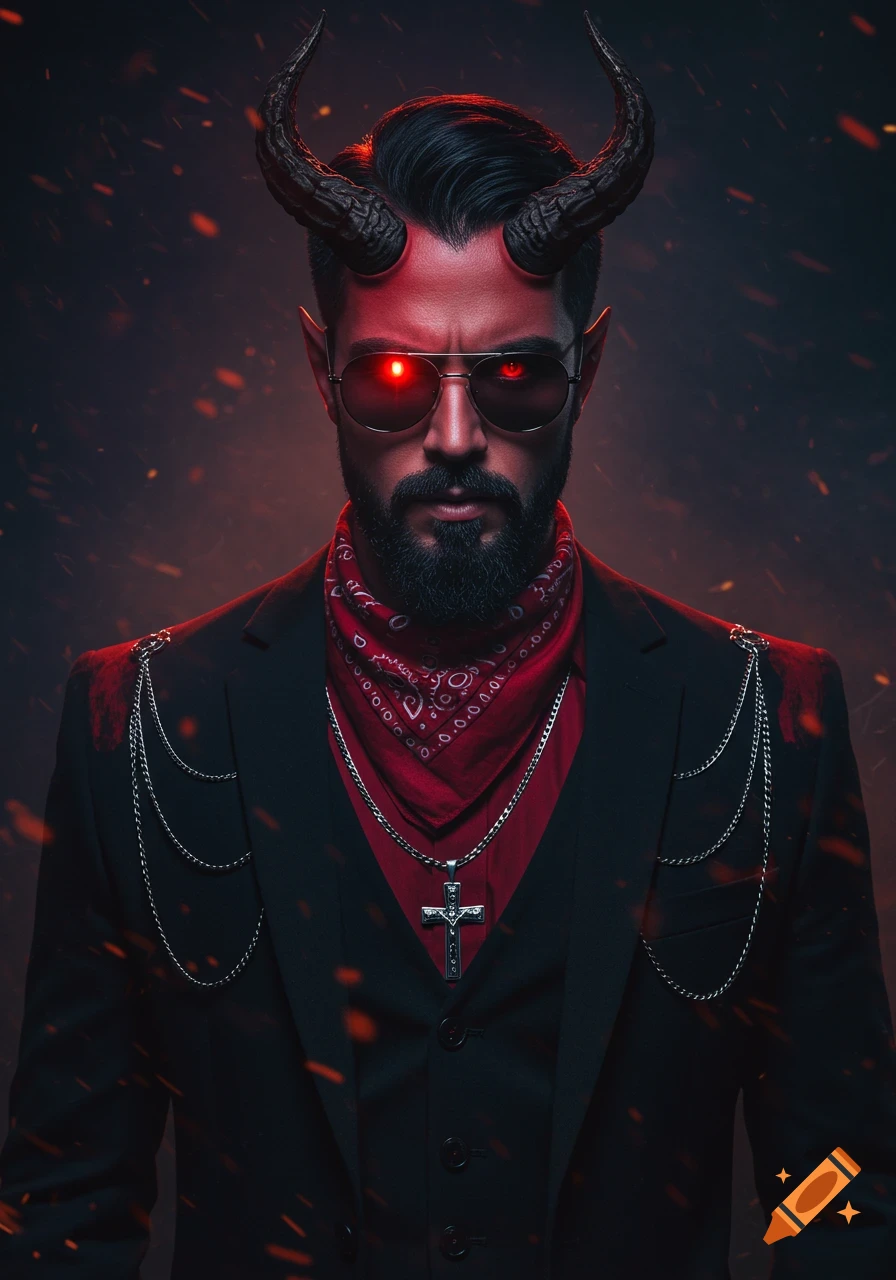 A stylish demonic man with red skin, black horns, and glowing red eyes behind sunglasses, wearing a black suit, red bandana, and cross pendant. Photorealistic cinematic portrait.