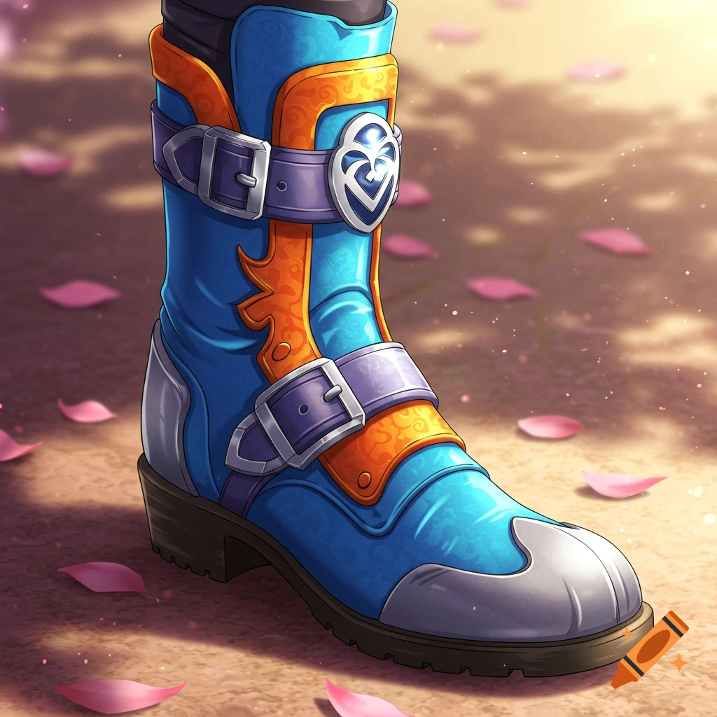 Anime-style blue and orange boot with purple straps and buckles, standing on a ground with scattered pink petals.