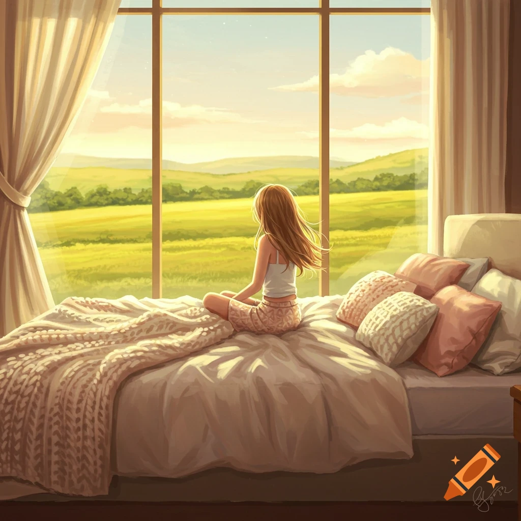An anime girl sits on a bed looking out a large window at a sunny, green rolling landscape.