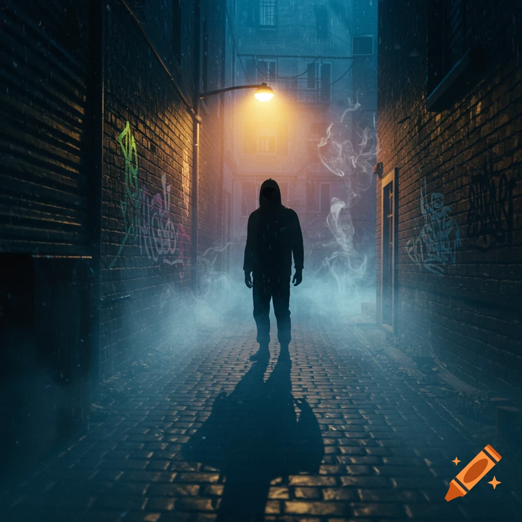 A mysterious hooded figure stands in a dark, foggy urban alleyway under a lone streetlamp, with graffiti on the brick walls.
