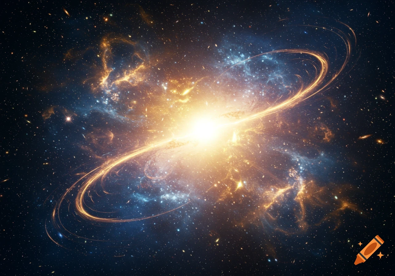 Vibrant cosmic formation with a bright central glow, swirling orange and blue nebulae, and numerous stars.