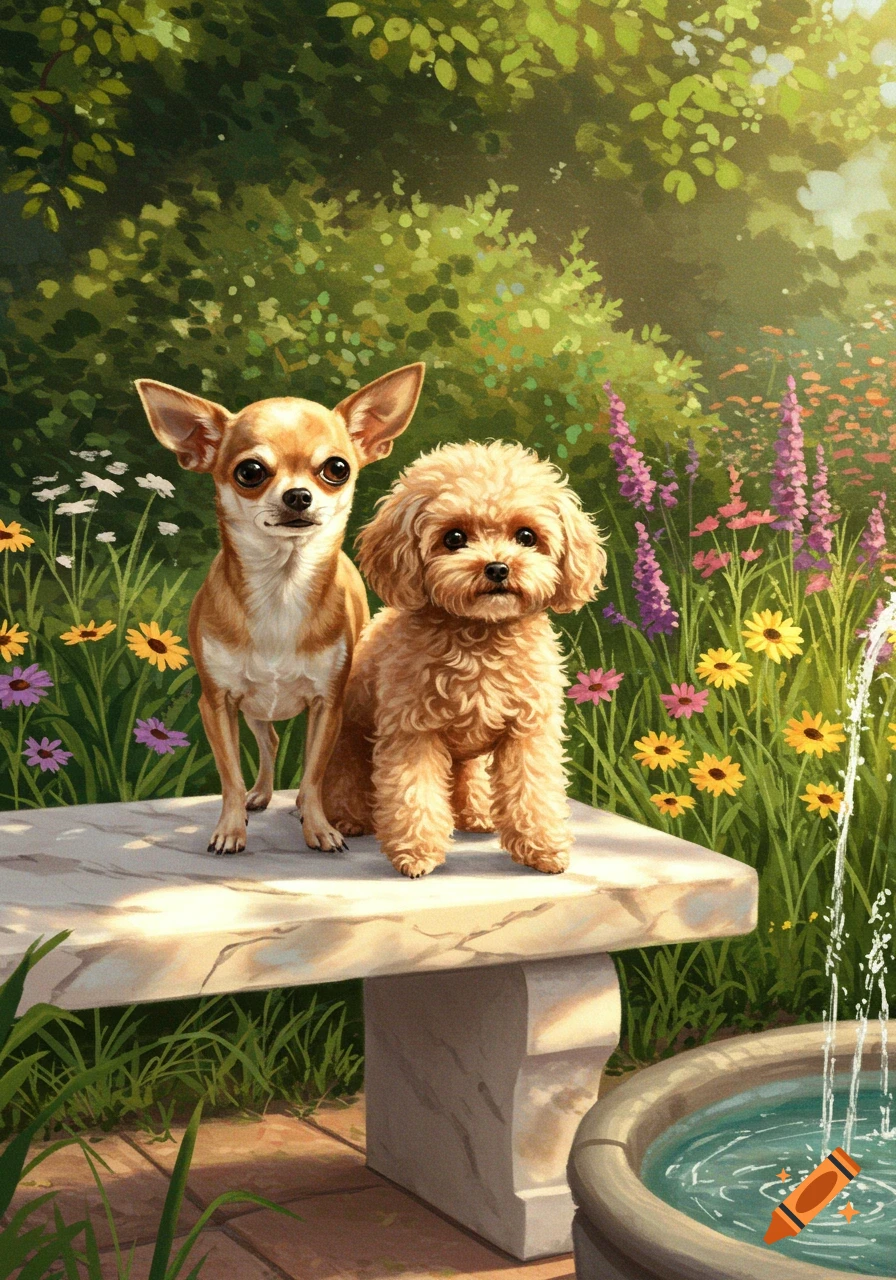 Chihuahua and a fluffy poodle dog sit on a stone bench in a lush garden with colorful flowers and a fountain.