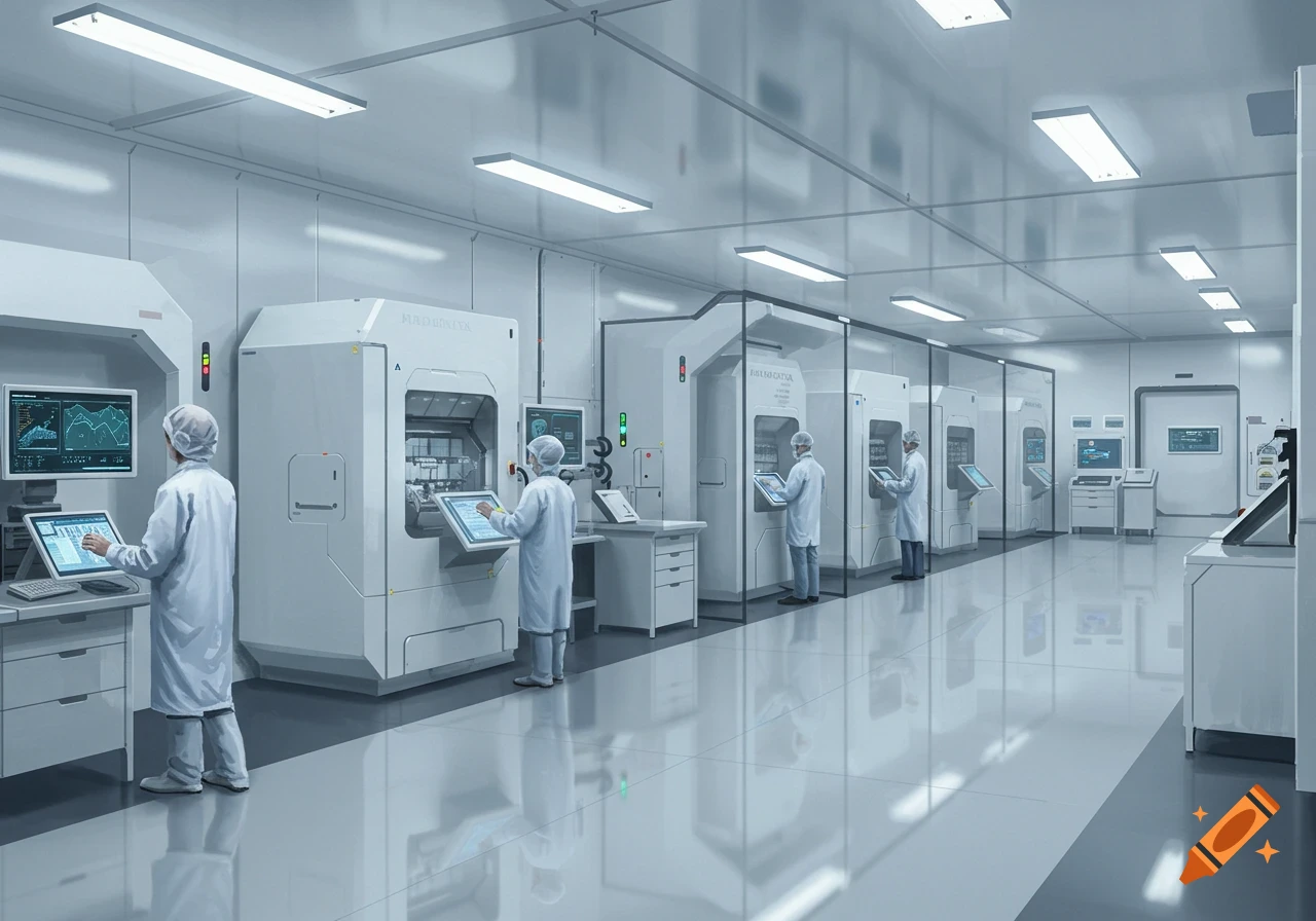 A modern, sterile cleanroom laboratory with scientists in protective suits working on advanced machinery and computer monitors.