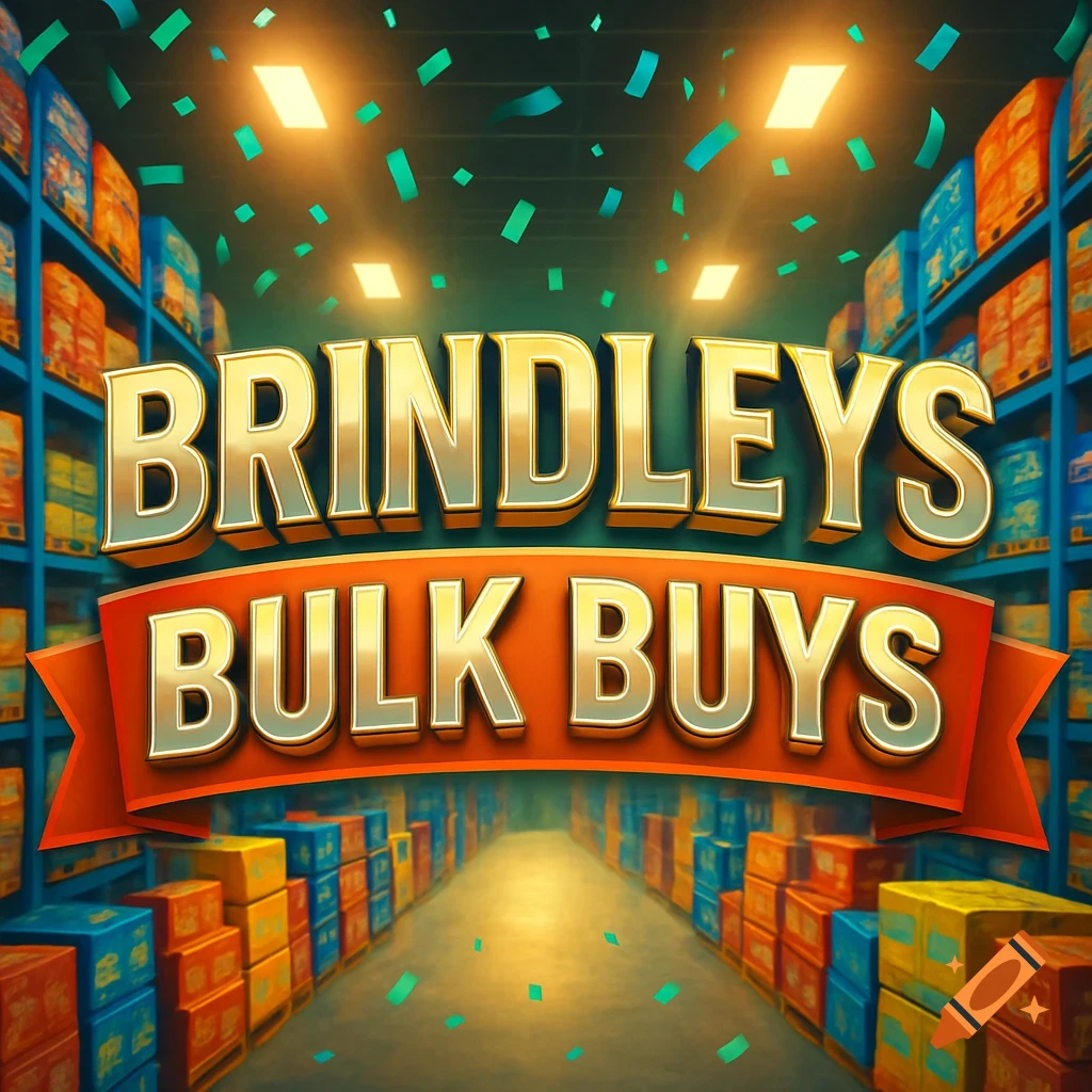 Bright warehouse aisle with shelves of colorful boxes, green confetti, and a gold and red banner reading 'BRINDLEYS BULK BUYS'.