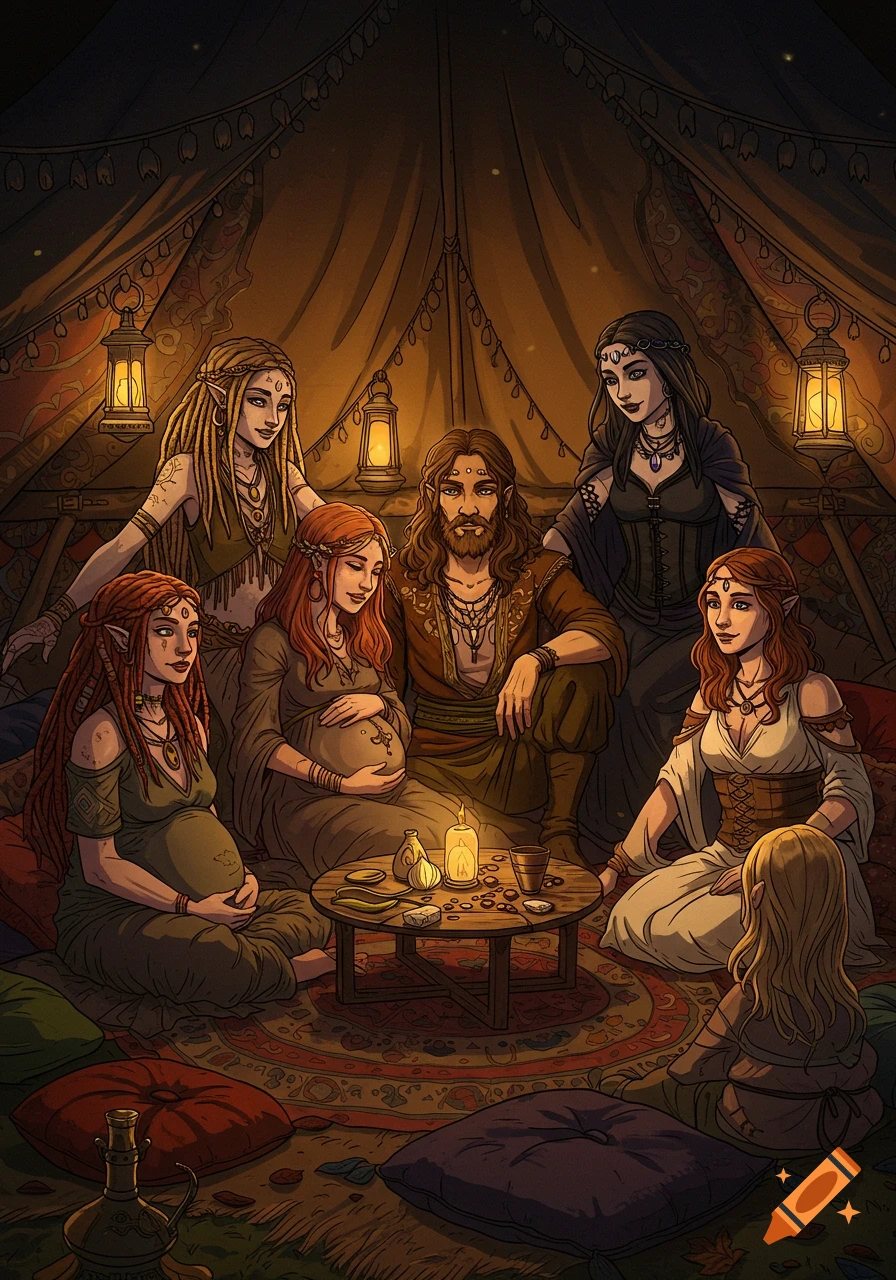 Illustration of a man with a beard surrounded by five women, two pregnant, sitting around a candlelit table in a tent.