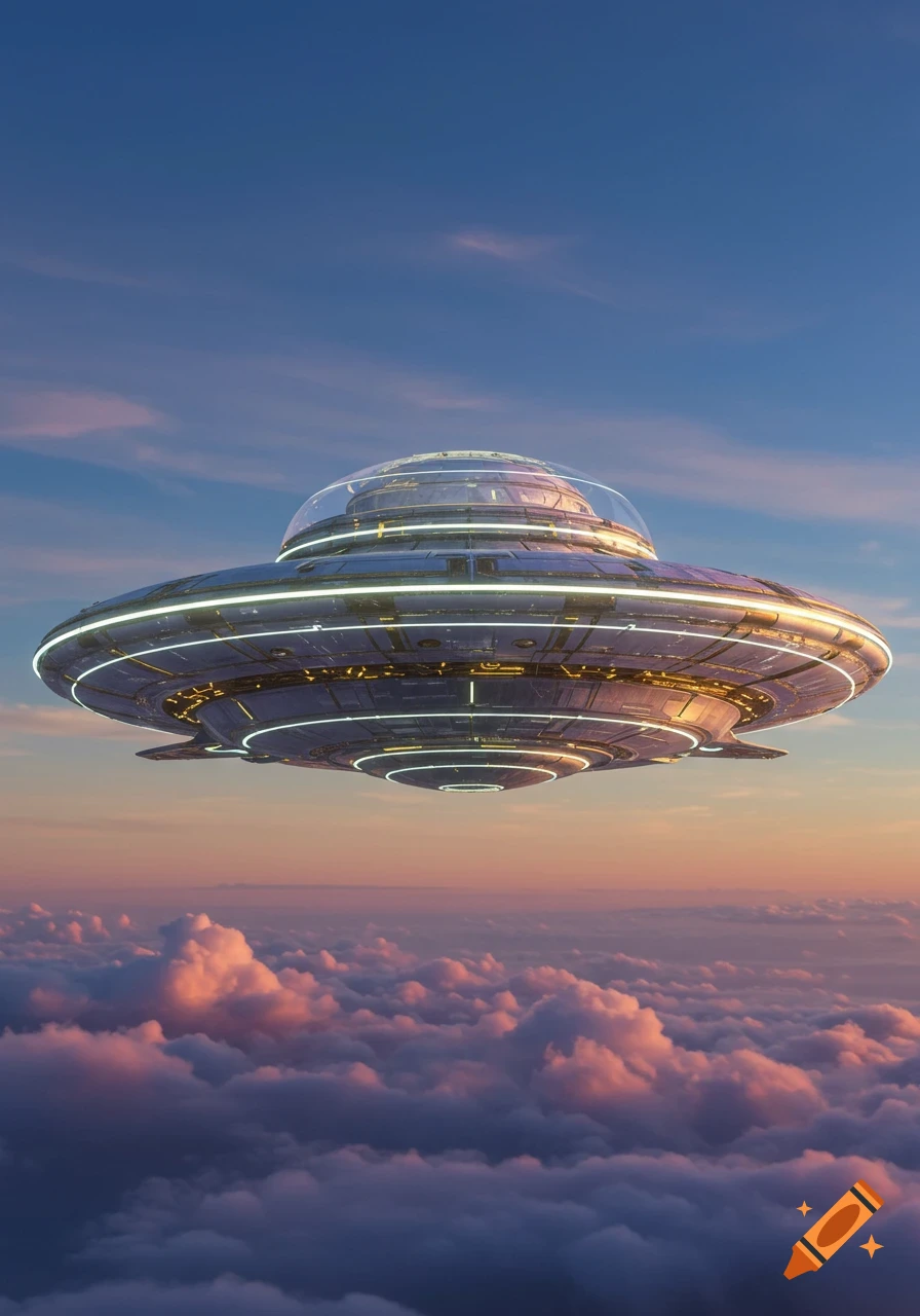 A futuristic silver flying saucer with glowing lights hovers above pink and purple clouds against a twilight sky.