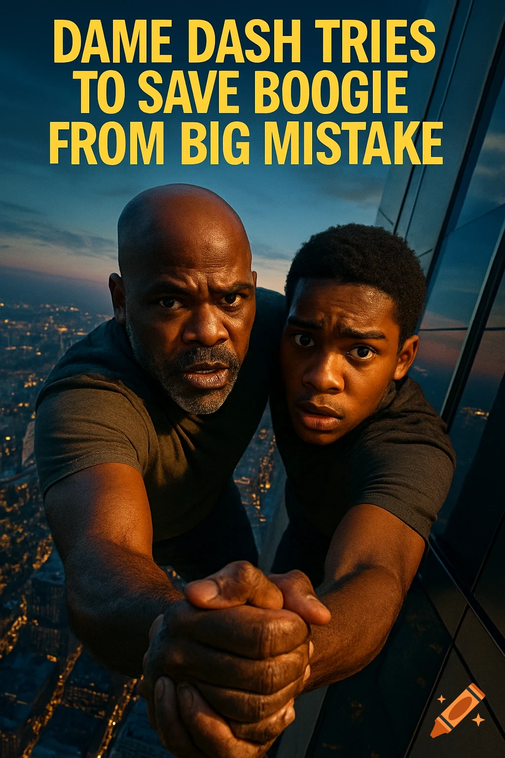 Two men hanging from a skyscraper high above a city at dusk, looking intensely at the camera, with a dramatic title.