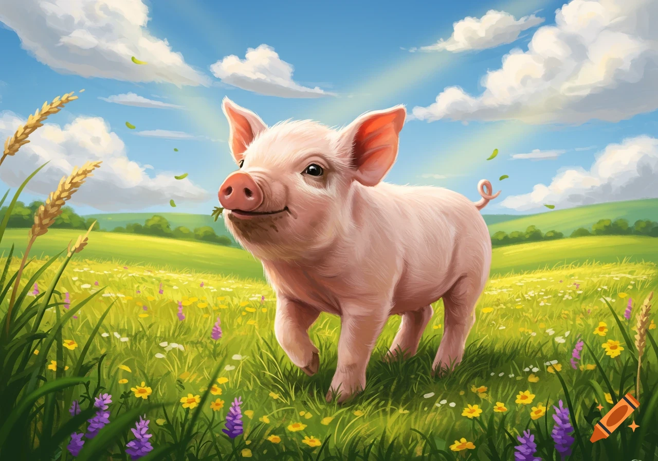 A happy pink piglet smiles in a vibrant green meadow with yellow and purple flowers under a blue sky, illustrative style.