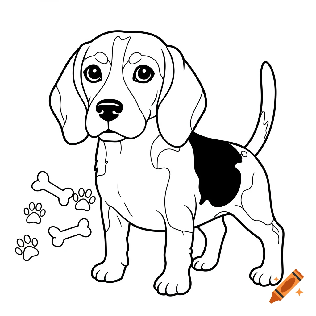 Black and white line art of a beagle puppy with bones and paw prints, in a coloring book style.