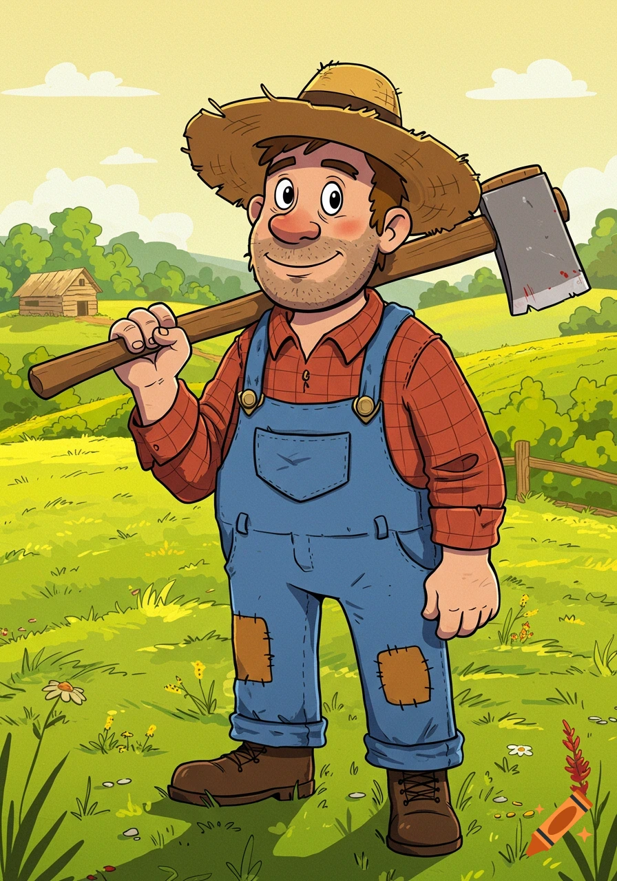 A cartoon farmer in a straw hat and overalls holds an axe over his shoulder in a green field with a log cabin.