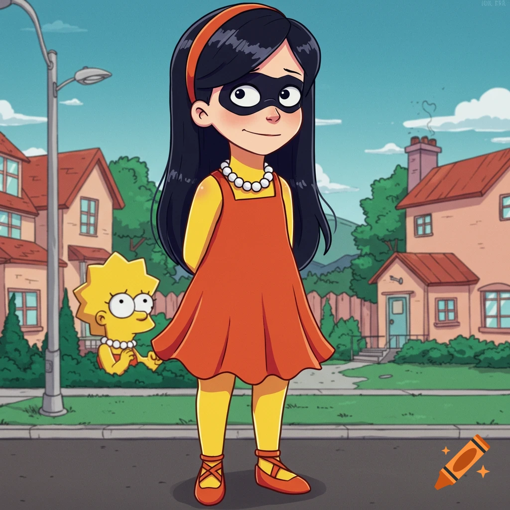 Cartoon of Violet Parr in an orange dress, yellow shirt, and black eye mask, with Lisa Simpson peeking from behind her.