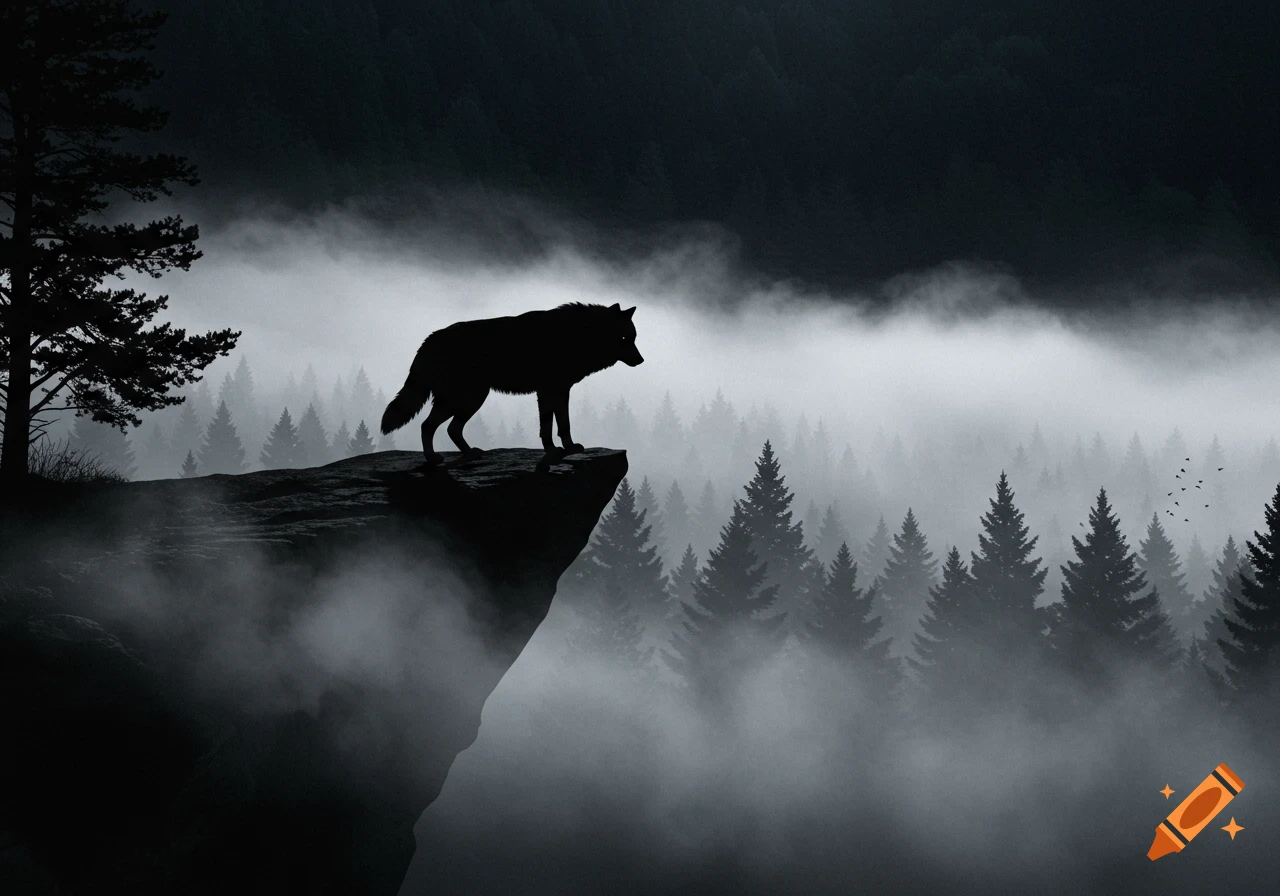 Silhouette of a wolf standing on a cliff overlooking a misty forest at dusk.