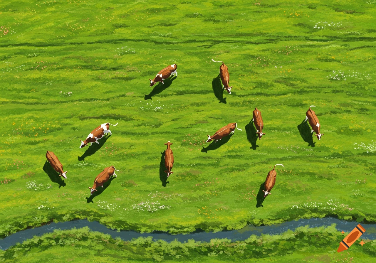 An aerial view of brown and white cows grazing in a vibrant green field with a winding river.