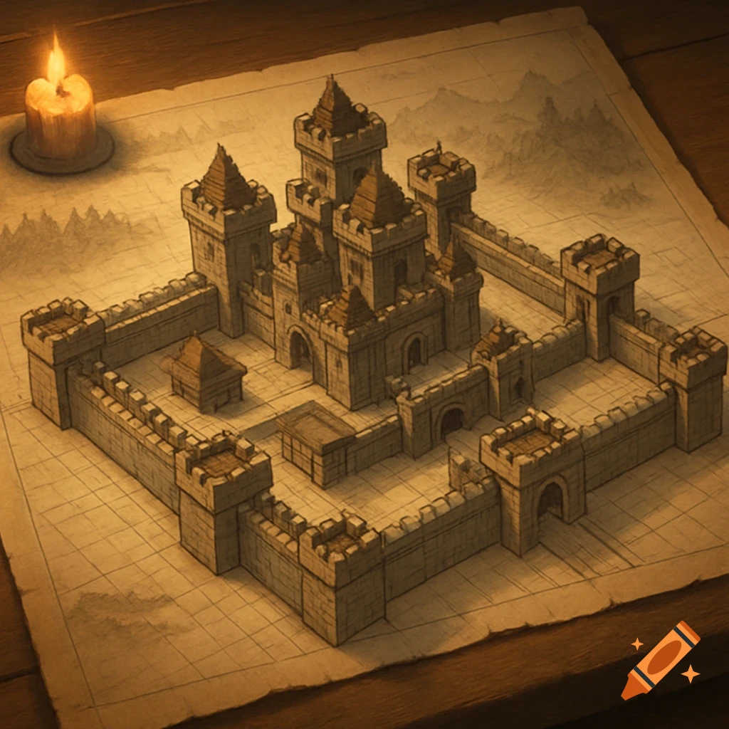 Isometric blueprint of a medieval castle on paper, illuminated by a candle on a wooden table.