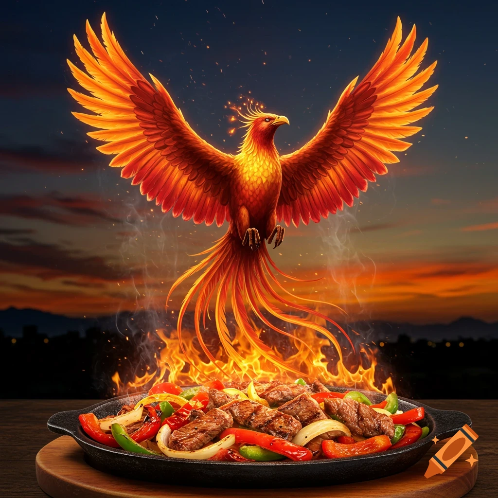 A vibrant phoenix with fiery wings rises from a sizzling fajita platter filled with meat, peppers, and onions, set against a sunset sky.