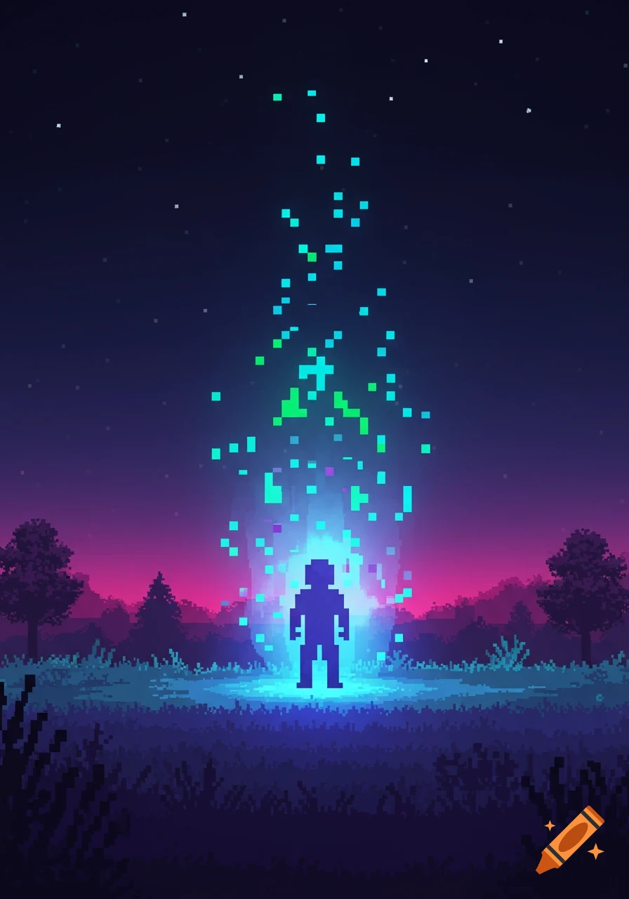 Pixel art of a silhouette figure in a field at night, illuminated by a glowing blue and green light beam, with trees and stars.