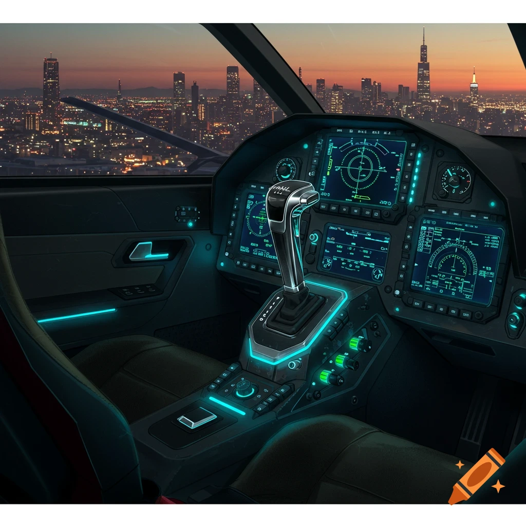 Futuristic cockpit of a vehicle overlooking a city skyline at dusk, featuring glowing blue screens, a gear selector, and neon accents.