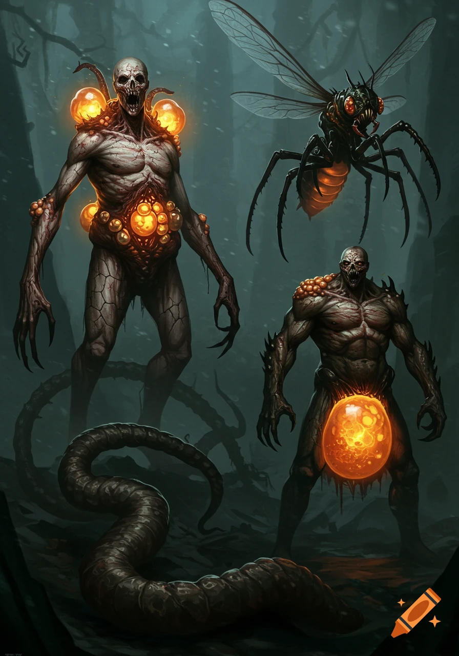 Three grotesque, mutated creatures with glowing orange sacs, sharp claws, and cracked skin, in a dark, misty fantasy setting.