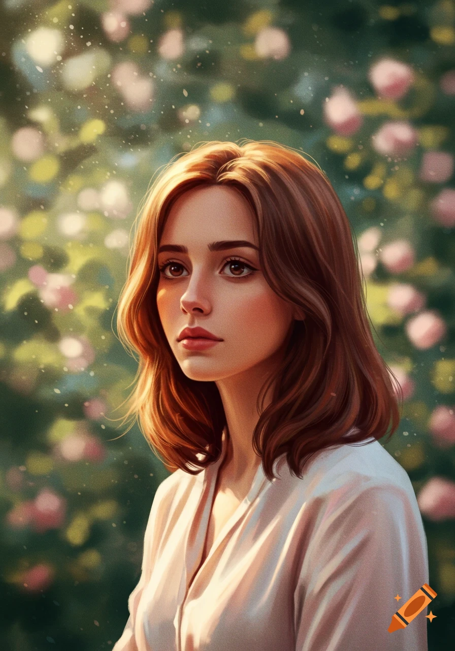 Digital painting of a thoughtful young woman with brown hair in a sunny garden with blurred pink flowers.