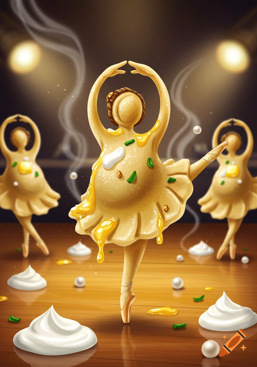 Whimsical illustration of perogy ballerinas dancing on a stage, topped with butter and sour cream.