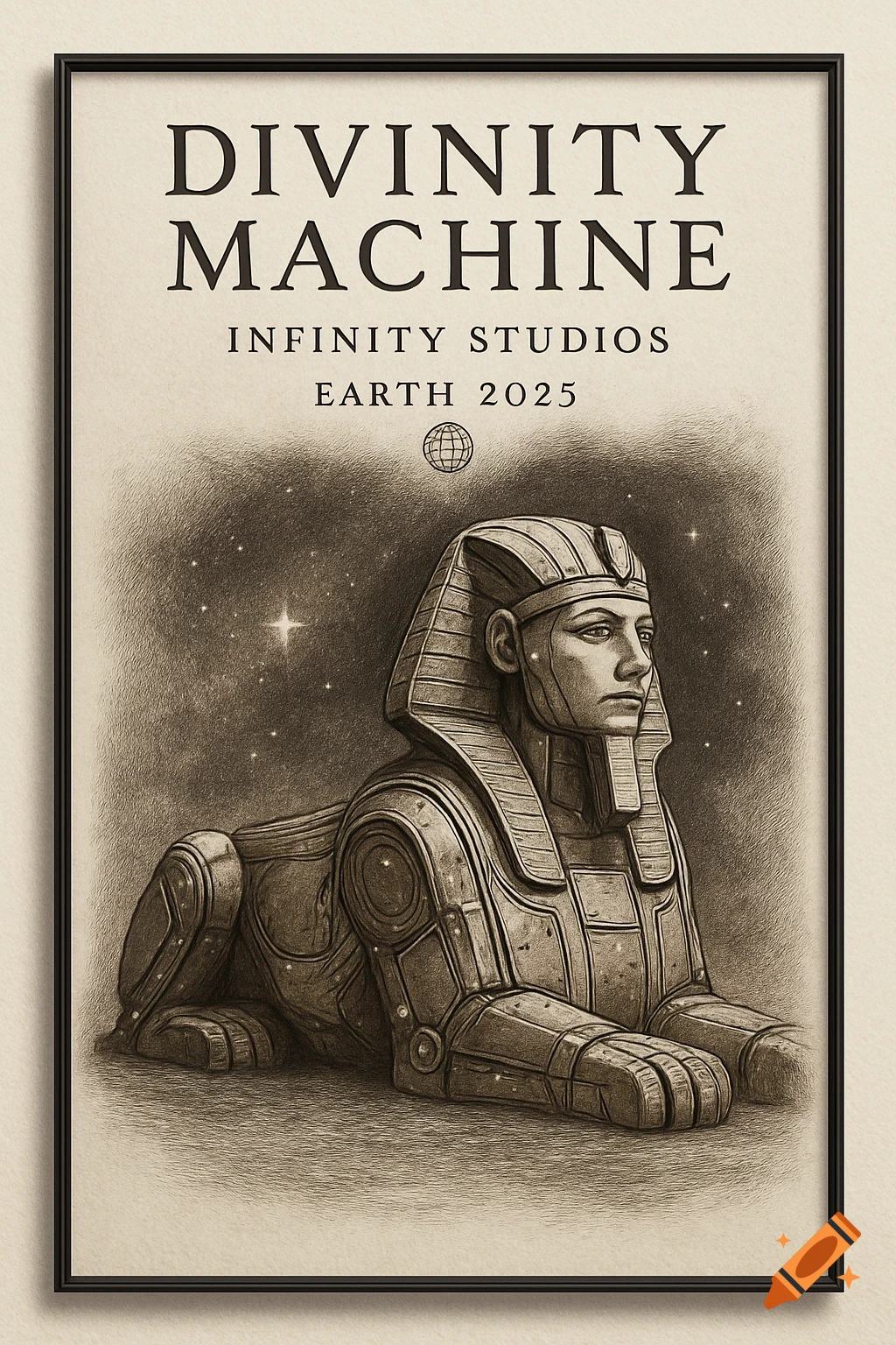 Sepia-toned etching of a futuristic, mechanical sphinx with a human head, lying under a starry sky. Text above reads 'DIVINITY MACHINE'.