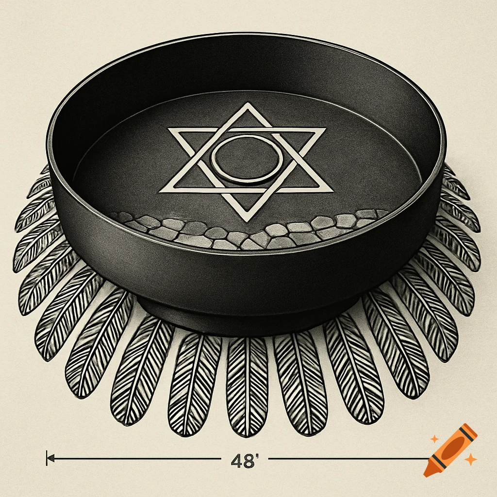 A black steel fire pit with a Star of David at its center, surrounded by a ring of feathers, on a light background.