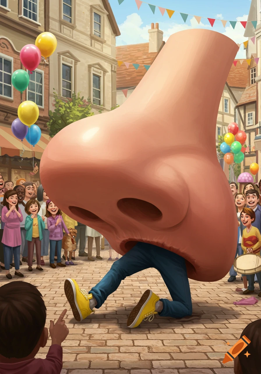 A person in a giant nose costume with only their legs showing, walking through a crowded cobblestone street during a vibrant festival with balloons and bunting.