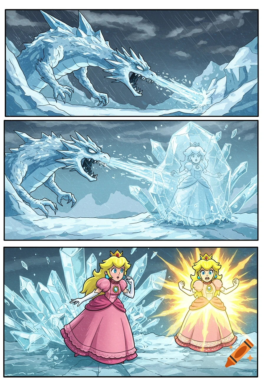 Three-panel comic: An ice dragon freezes Princess Peach, who then breaks free in a burst of energy.