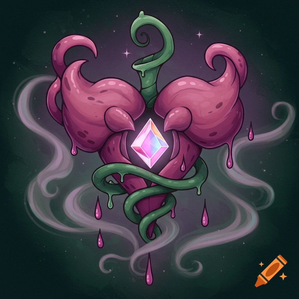 Stylized pink plant-like heart or badge with green vines, a glowing multifaceted crystal, dripping pink liquid, and wisps of smoke on a dark, starry background.