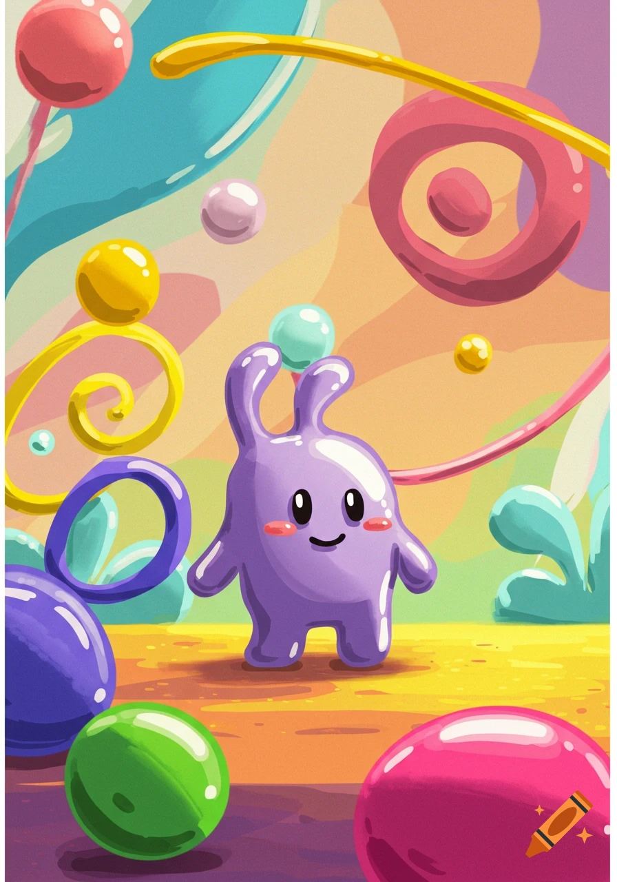 A cute, purple, blob-like cartoon character with rosy cheeks and a happy face, surrounded by colorful, glossy spheres and abstract shapes in a whimsical, colorful setting.