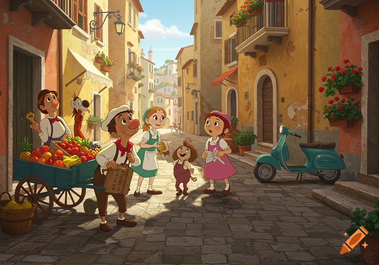 Cartoon characters gather around a fruit cart on a cobblestone street in a bright Italian village.