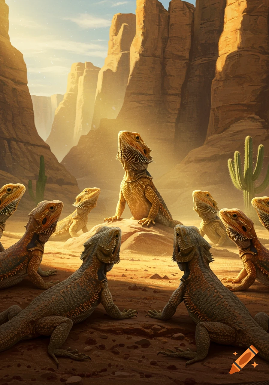 Photorealistic image of several bearded dragons in a sunny desert canyon, one standing on a rock while others look up at it.