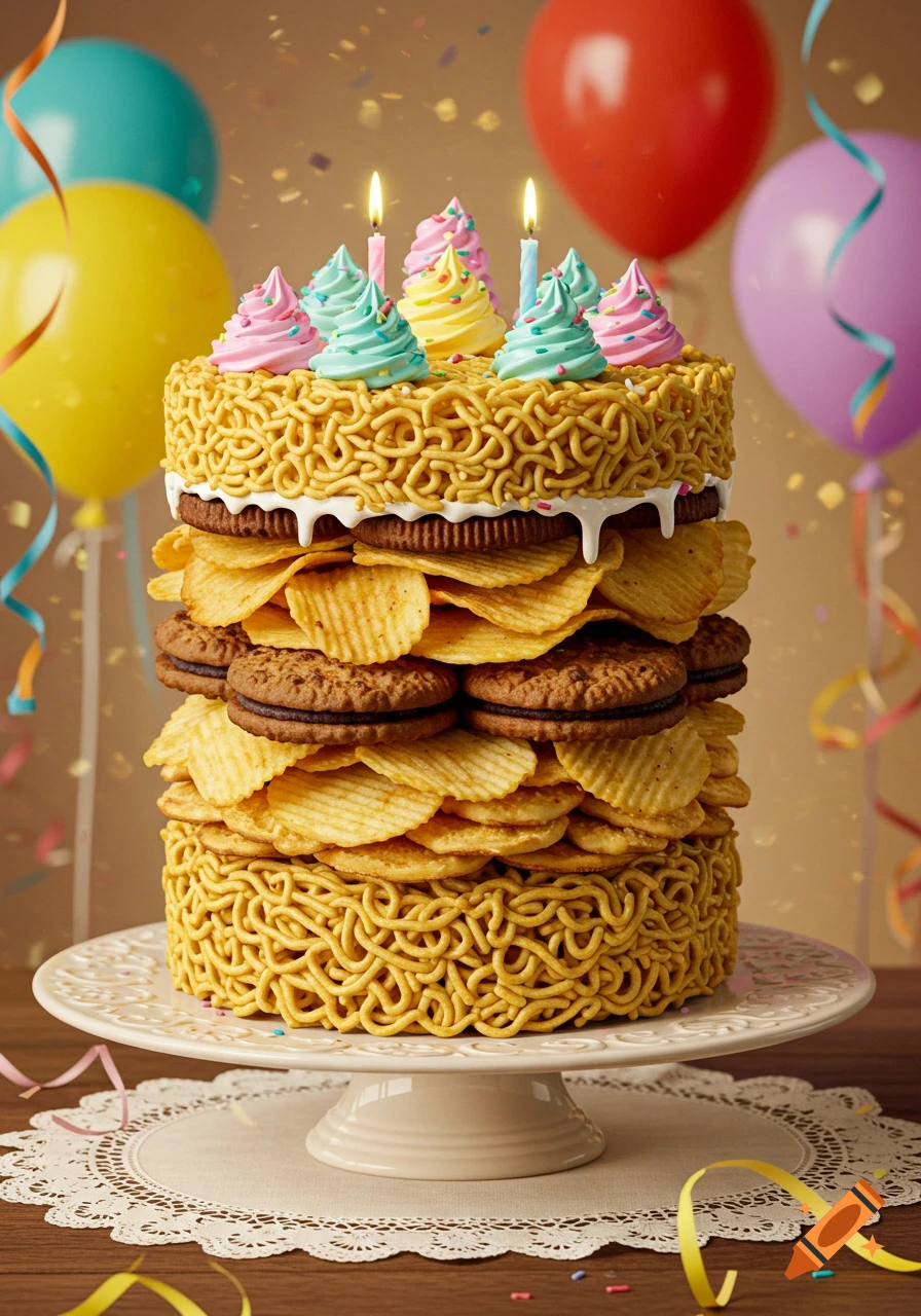 A whimsical three-tiered birthday cake made from ramen noodles, potato chips, and oatmeal cookies, topped with colorful frosting swirls and lit candles, with balloons and confetti in the background.