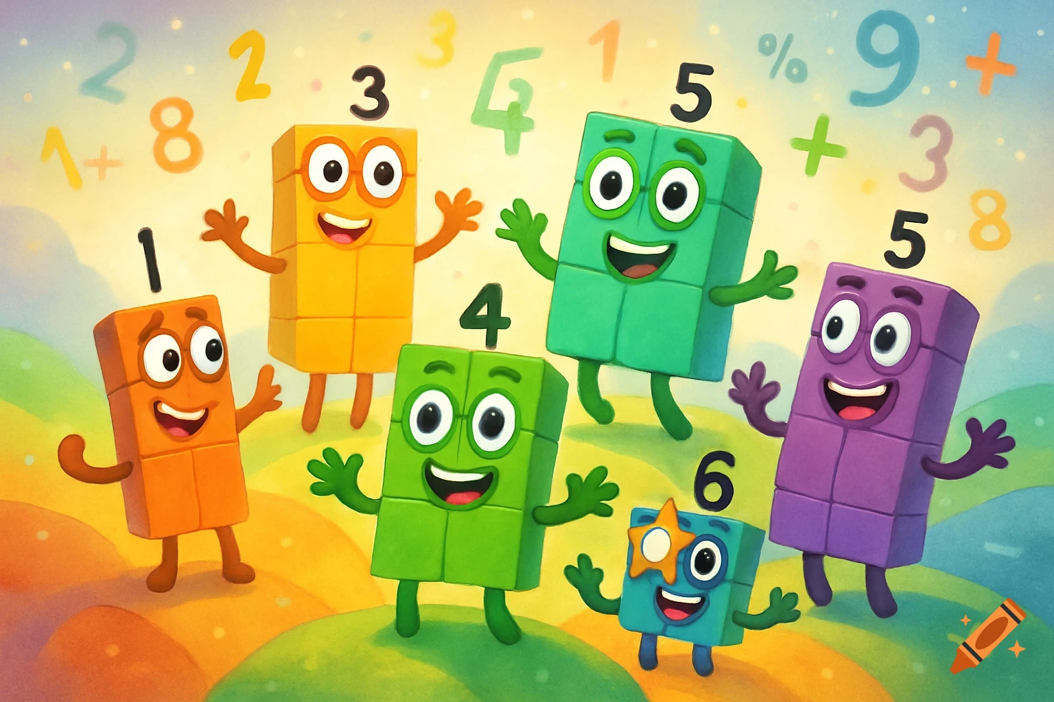 Colorful cartoon illustration of happy anthropomorphic number block characters with numbers and math symbols floating in the background.