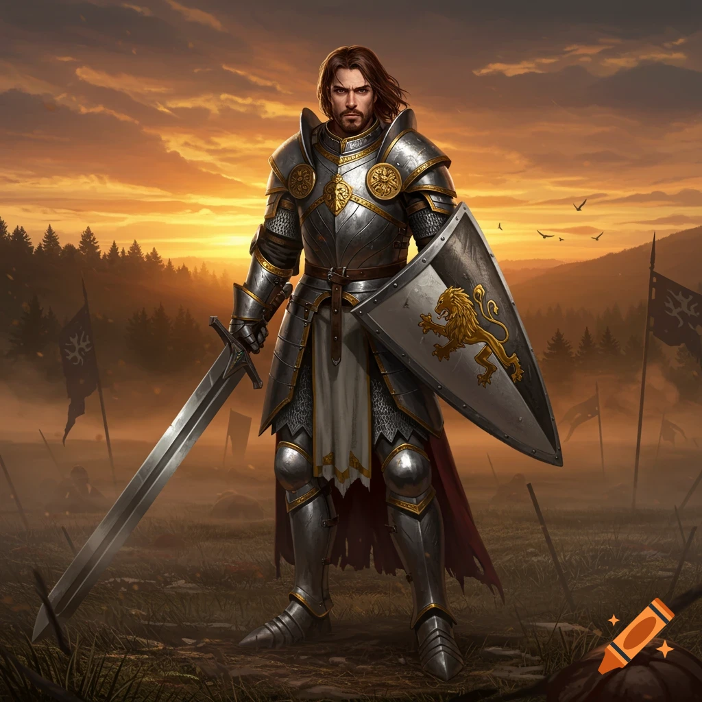 A brave medieval knight in shining armor stands on a battlefield at sunset, holding a sword and a shield with a lion emblem.