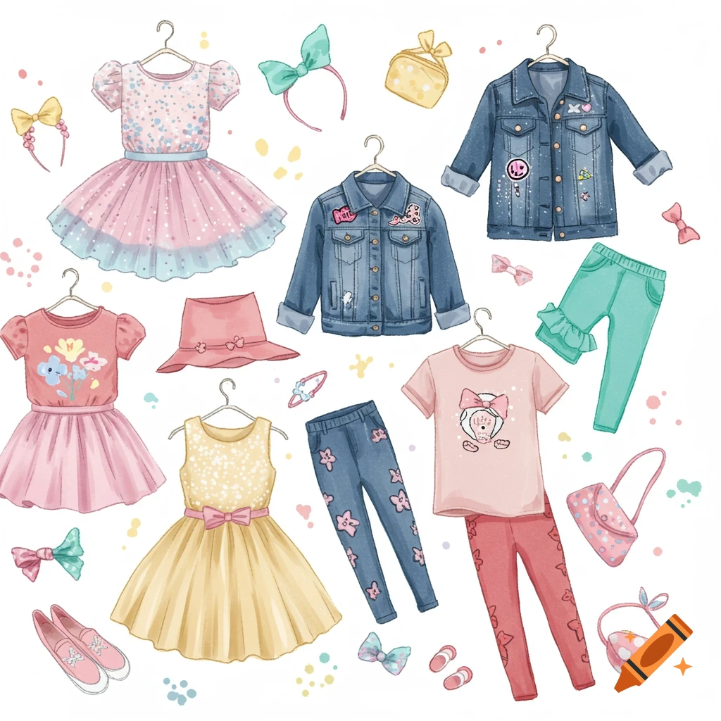 A flat lay watercolor illustration of various girls' clothing items, including dresses, denim jackets, pants, t-shirts, shoes, hats, and hair bows, scattered on a white background.