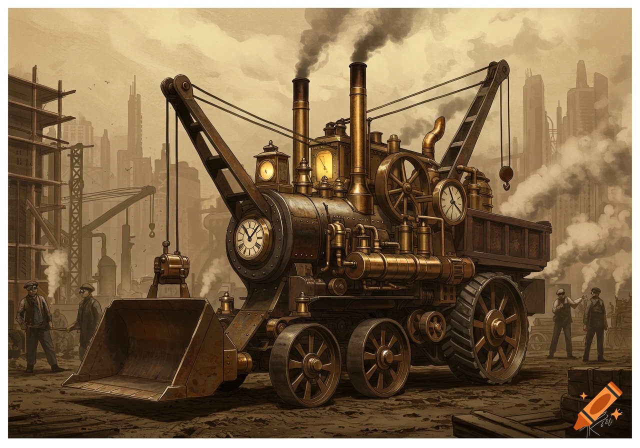 A detailed steampunk construction vehicle with a large shovel, crane arm, and multiple clocks, emitting smoke in an industrial city with workers.