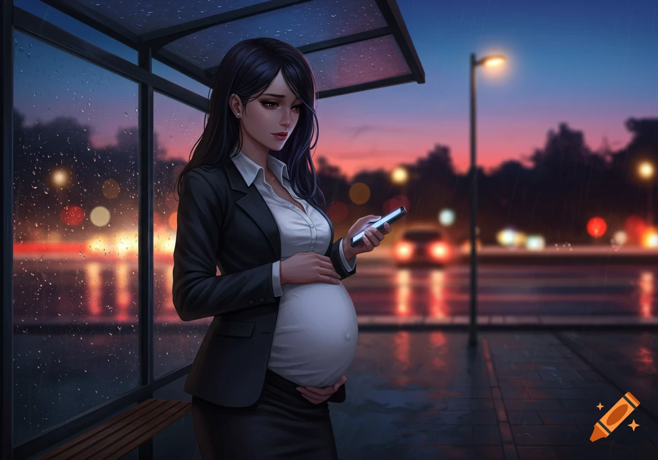 Anime pregnant secretary in business clothes stands sadly at a rainy bus stop, looking at her glowing phone.