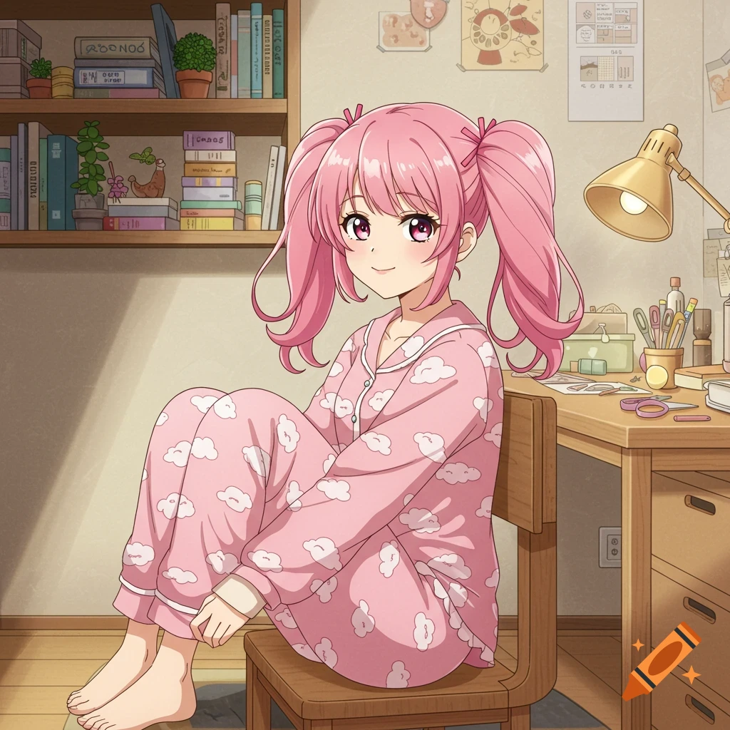 Anime girl with pink pigtails and bangs wearing pink cloud pajamas, sitting on a chair in a room with a bookshelf and desk.