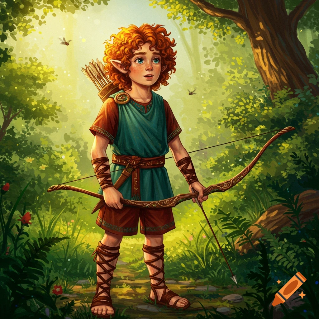 A vibrant illustration of a young ginger elven boy with curly hair, holding a bow in a sunny fantasy forest.