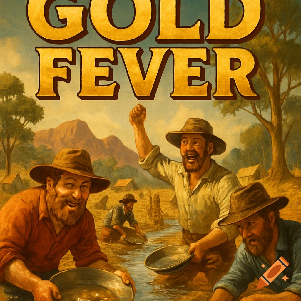 An illustration of a lively gold rush scene with bearded prospectors panning for gold in a river, tents in the background, and the title "GOLD FEVER" above.