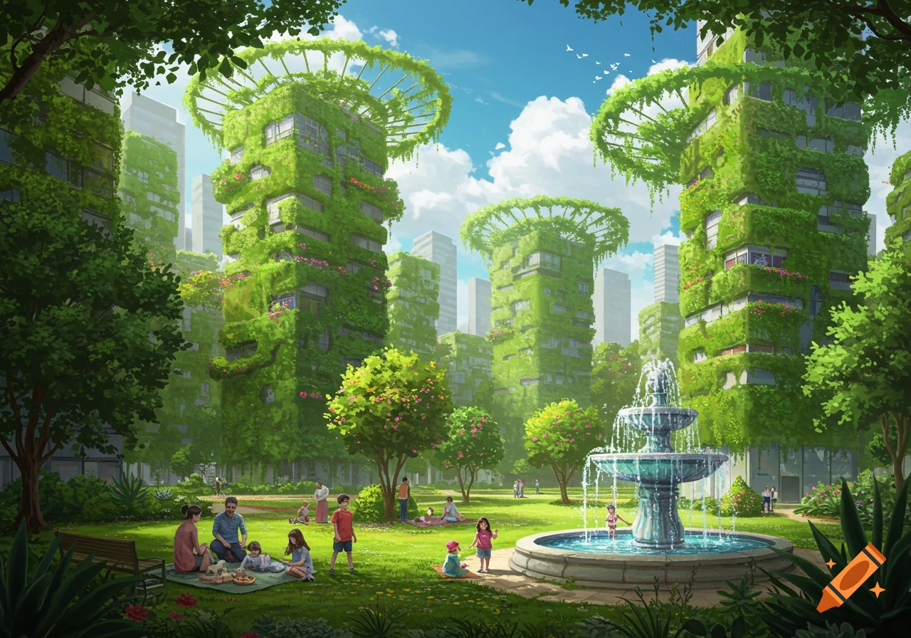 Lush green city with ivy-covered buildings and a park with a fountain, where families picnic and play.