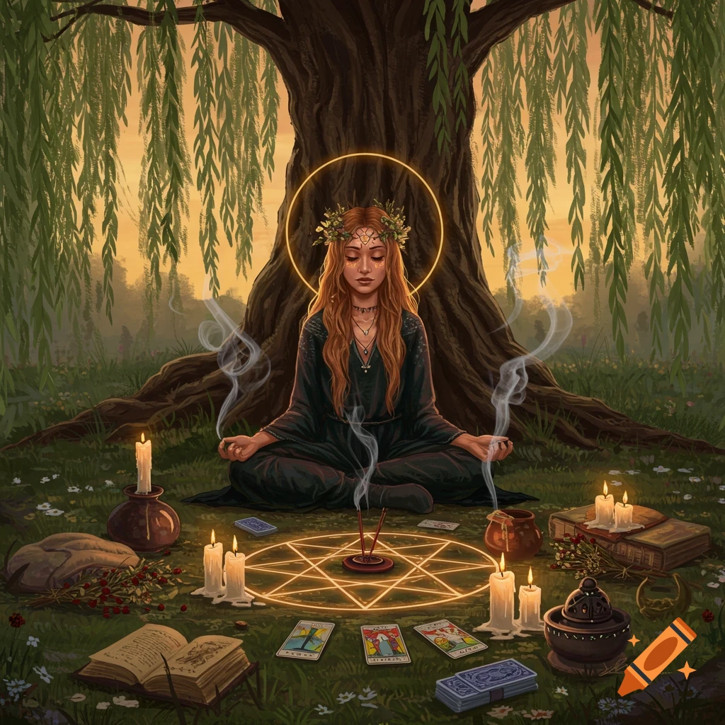 A witchy woman meditates under a willow tree, surrounded by candles, incense, tarot cards, and an illuminated pentagram on the ground.