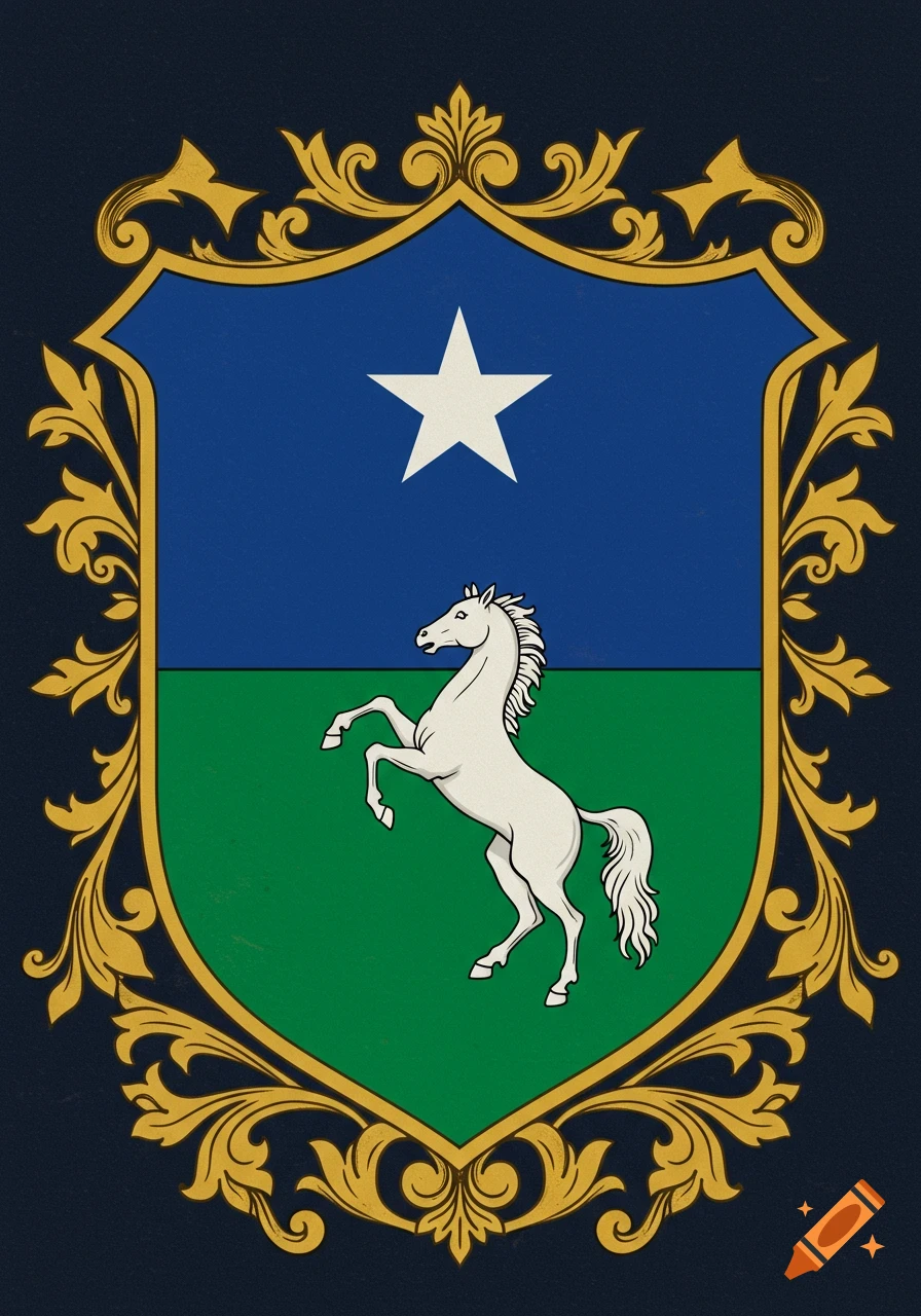 A heraldic coat of arms with a blue field and white star above a green field with a rearing white horse, framed by a golden border.