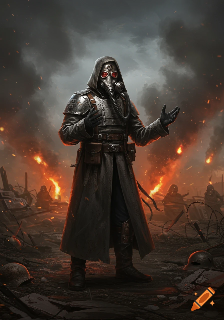 A grim Death Korps of Krieg soldier in a gas mask and trench coat stands in a fiery, war-torn landscape, gesticulating.