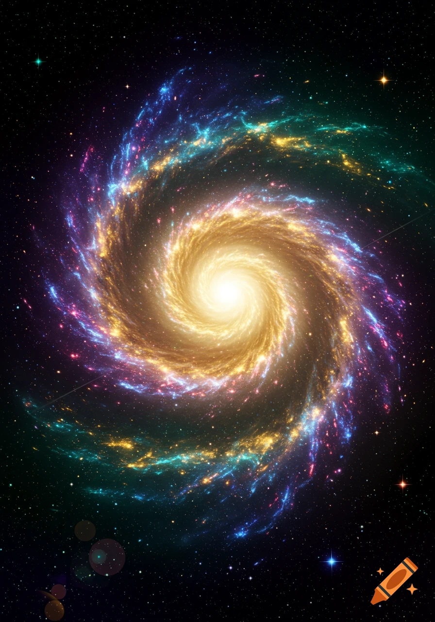 A vibrant, multicolored spiral galaxy with a bright core, swirling against a star-filled dark space.