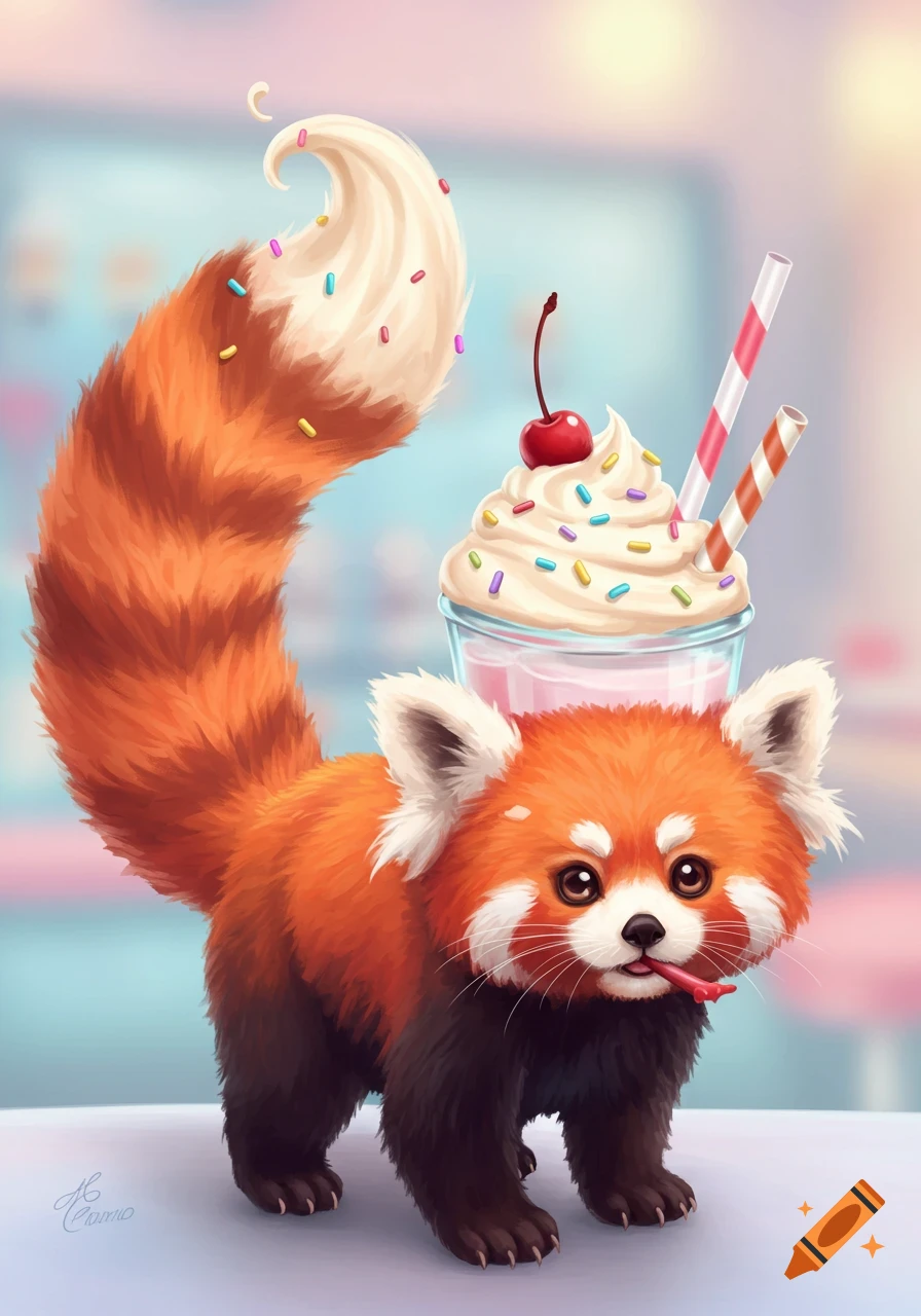 A cute, cartoon-style red panda with a whipped cream tail and sprinkles, licking its lips next to a milkshake.