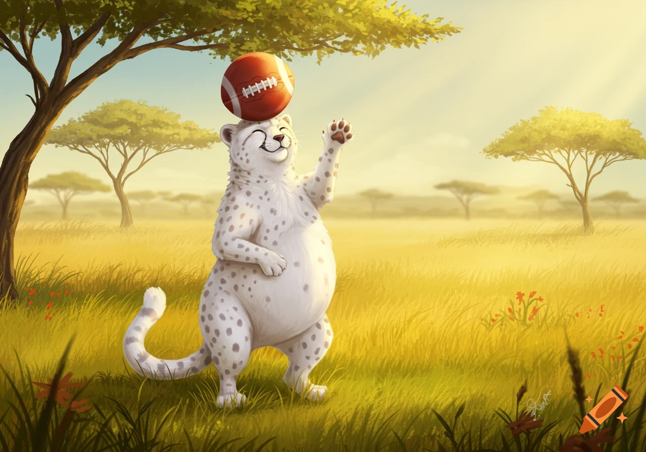 A happy, fat white cheetah balances a football on its head, standing on its hind legs in a sunny savanna under a tree.