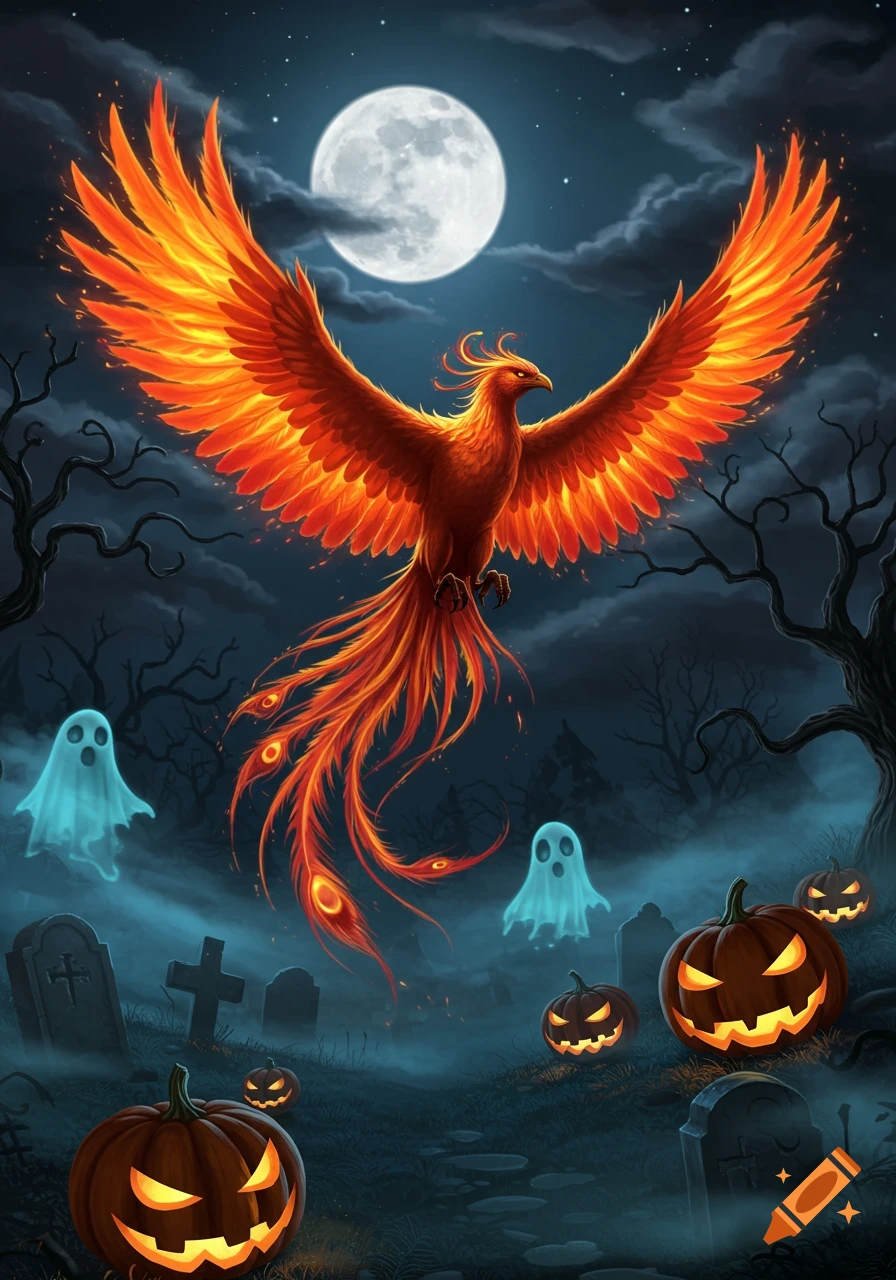 A fiery phoenix with glowing wings flies under a full moon in a spooky Halloween graveyard with grinning jack-o'-lanterns and friendly ghosts.