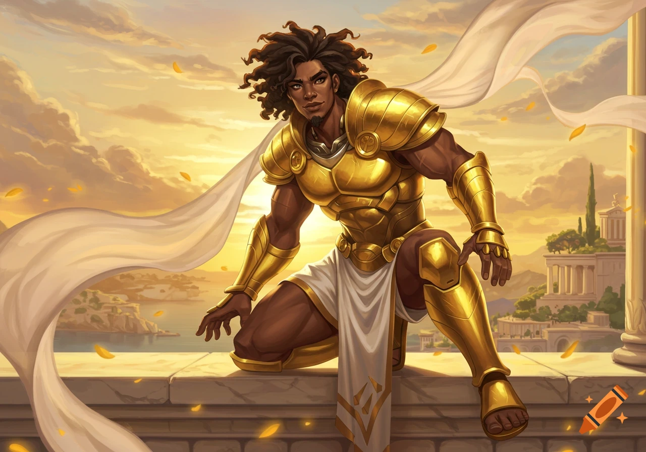 A dark-skinned man with curly hair and golden armor kneels on a stone wall, overlooking a classical city at sunset, a white cloth flowing in the wind. Digital painting.